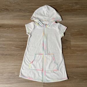 SO | Girls' White Hooded Short-Sleeve Zip Front Swim Cover Up with Pastel Trim